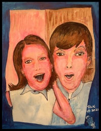 a painting of a man and a woman with their mouths open