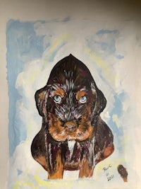 a painting of a brown dog with blue eyes