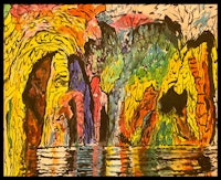 a colorful painting of a cave with a waterfall