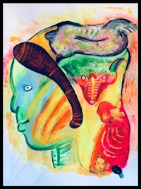 a painting of a man with a bird on his head