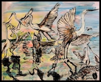 a drawing of a group of birds in the water