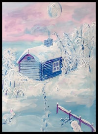 a painting of a cabin in the snow