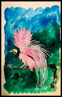 a watercolor painting of a pink bird on a branch