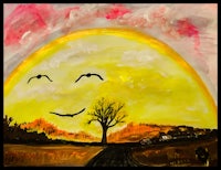 a painting of a sun with birds flying in the sky