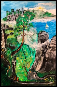 a painting of a cliff with trees and a sailboat