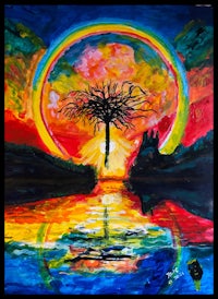 a painting of a tree with a rainbow in the background